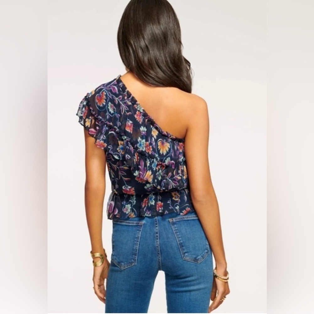 Ramy Brook Floral Printed Aurora Navy Jardin Blue One Shoulder Top EUC Small - Picture 2 of 12